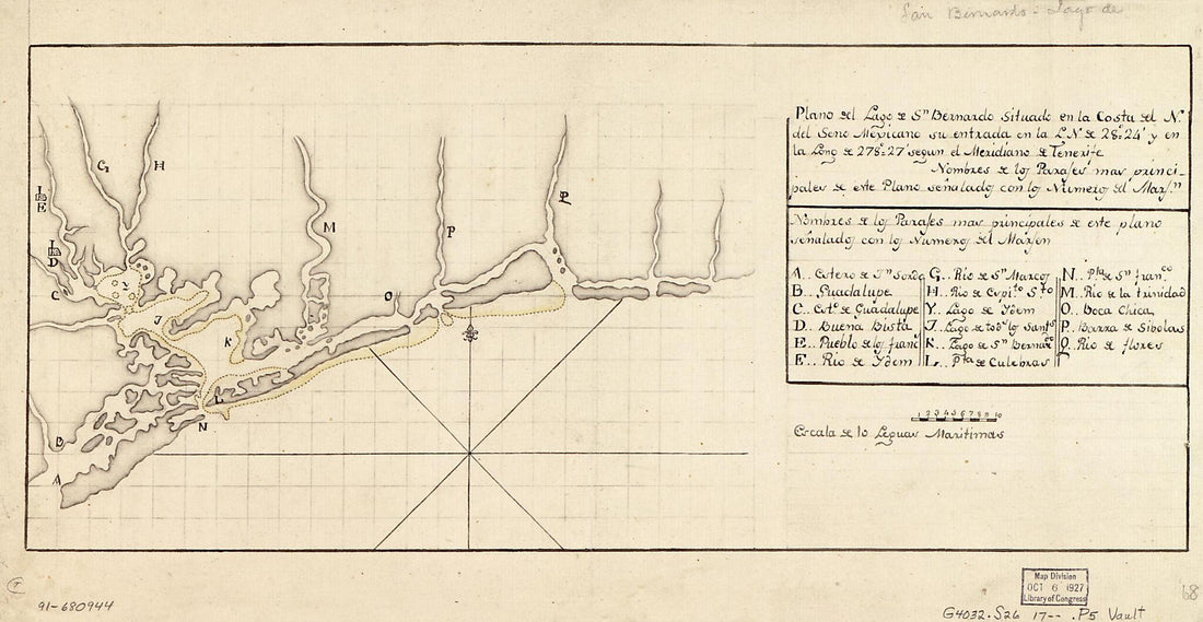 This old map of Plano Del Lago De Sn. Bernardo Situado En La Costa Del N. Del Seno Mexicano Su Entrada En La L. N. De 28⁰24ʹ Y En La Long. De 278⁰27ʹ Segun El Meridiano De Tenerife from 1700 was created by  in 1700