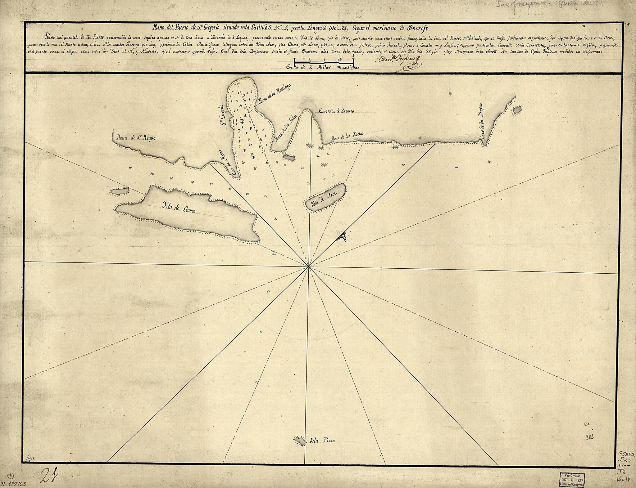 This old map of Plano Del Puerto De Sn. Gregorio Situado En La Latitud S. 45⁰4ʹ Y En La Longitud 310⁰54ʹ Segun El Meridiano De Tenerife from 1700 was created by Bernardo Taforo in 1700
