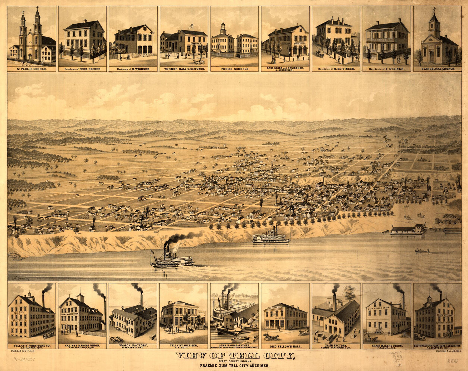 This old map of View of Tell City, Perry County, Indiana : Praemie Zum Tell City Anzeiger from 1870 was created by G. F. Bott, A. Hinnen,  Strobridge &amp; Co. Lith in 1870