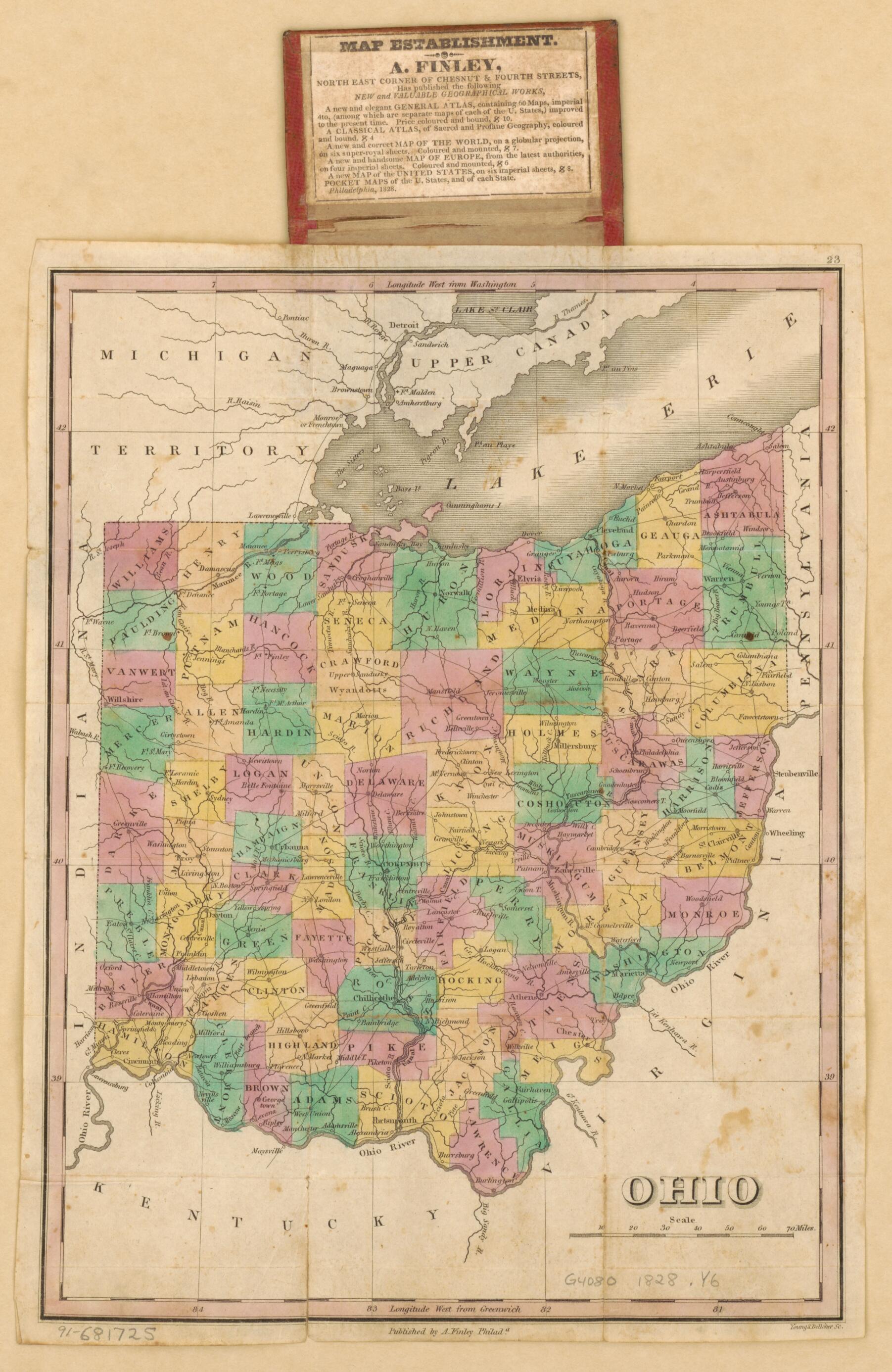 This old map of Ohio from 1828 was created by A. (Anthony) Finley,  Young &amp; Delleker in 1828