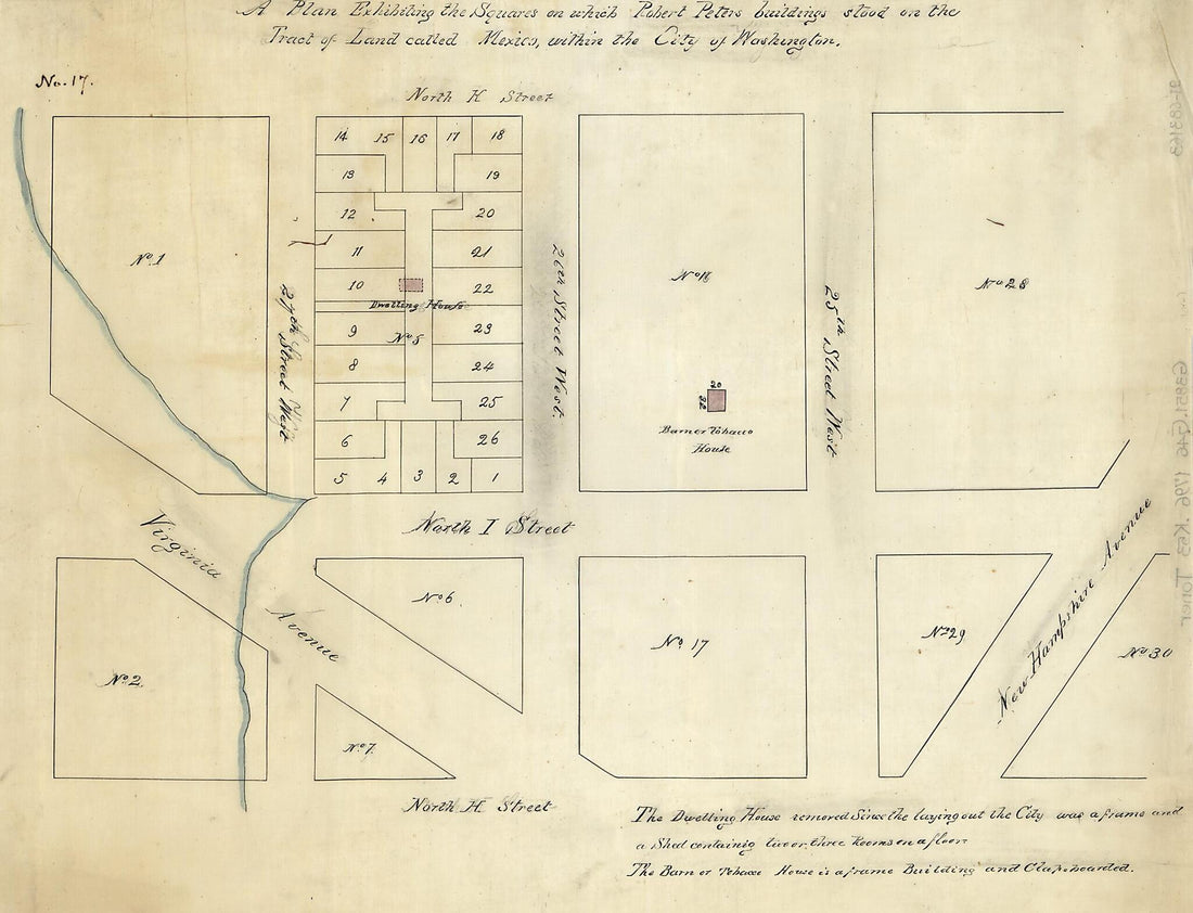 This old map of A Plan Exhibiting the Squares On Which Robert Peters Buildings Stood On the Tract of Land Called Mexico, Within the City of Washington from 1796 was created by N. (Nicholas) King in 1796