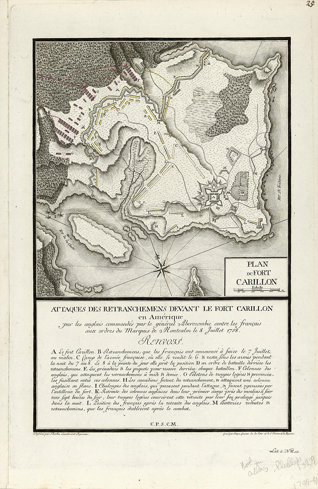 This old map of Attaques Des Retranchemens sic Devant Le Fort Carillon En Amérique : Par Les Anglais Commandés Par Le Général Abercrombie Contre Les Français Aux Ordres Du Marquis De Montcalm Le 8 Juillet from 1758 was created by Heinrich Hugo Coent