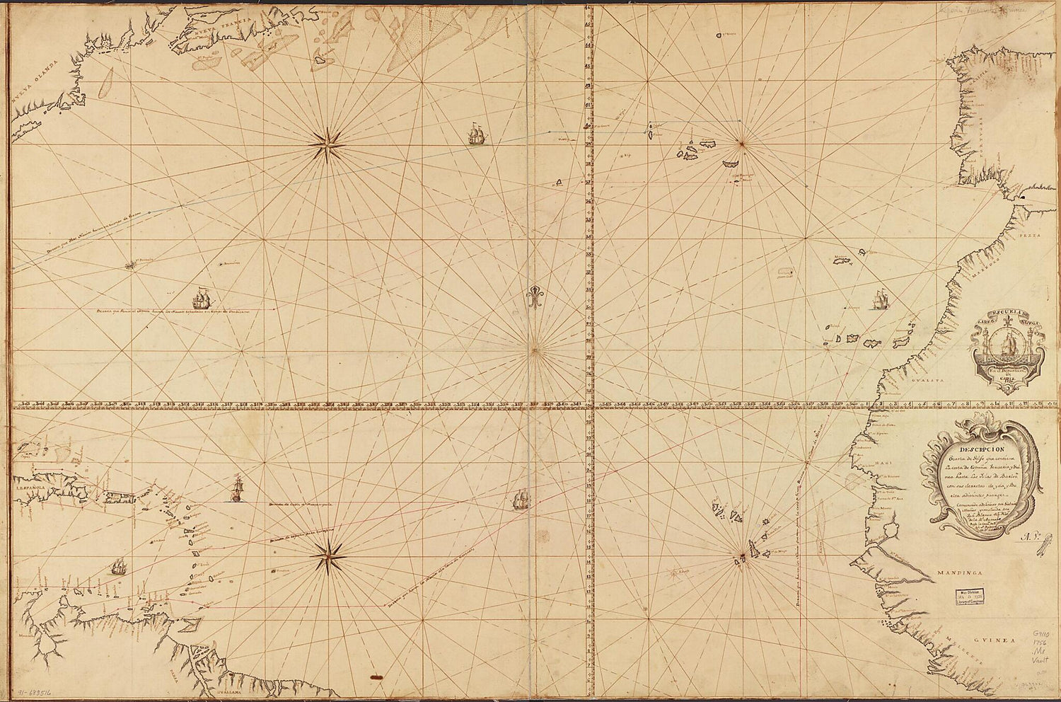 This old map of Descripción O Carta De Golfo Que Contiene La Costa De España, Verueria Y Guinea Hasta Las Yslas De Barlovto. Con Sus Derrotas De Y Da Y Buelta Adistintos Parages from 1756 was created by Jph Blanco, Gabriel Muñoz, Spain) Real Escuela D