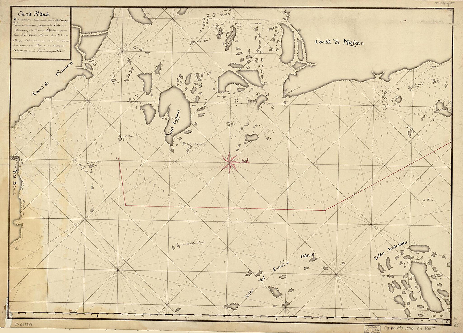 This old map of Carta Plana Que Contiene Parte De La Costa De Malayo Como Asimismo Parte De La Ysla De Sumatra Y De Banca, a Reglada Segun Lade Tir. Dapres Exsepto Las Ylas De Aor Que Estan Situadas Como Las Fraen Las Cartas De Los Pilotos De Esta Carrer