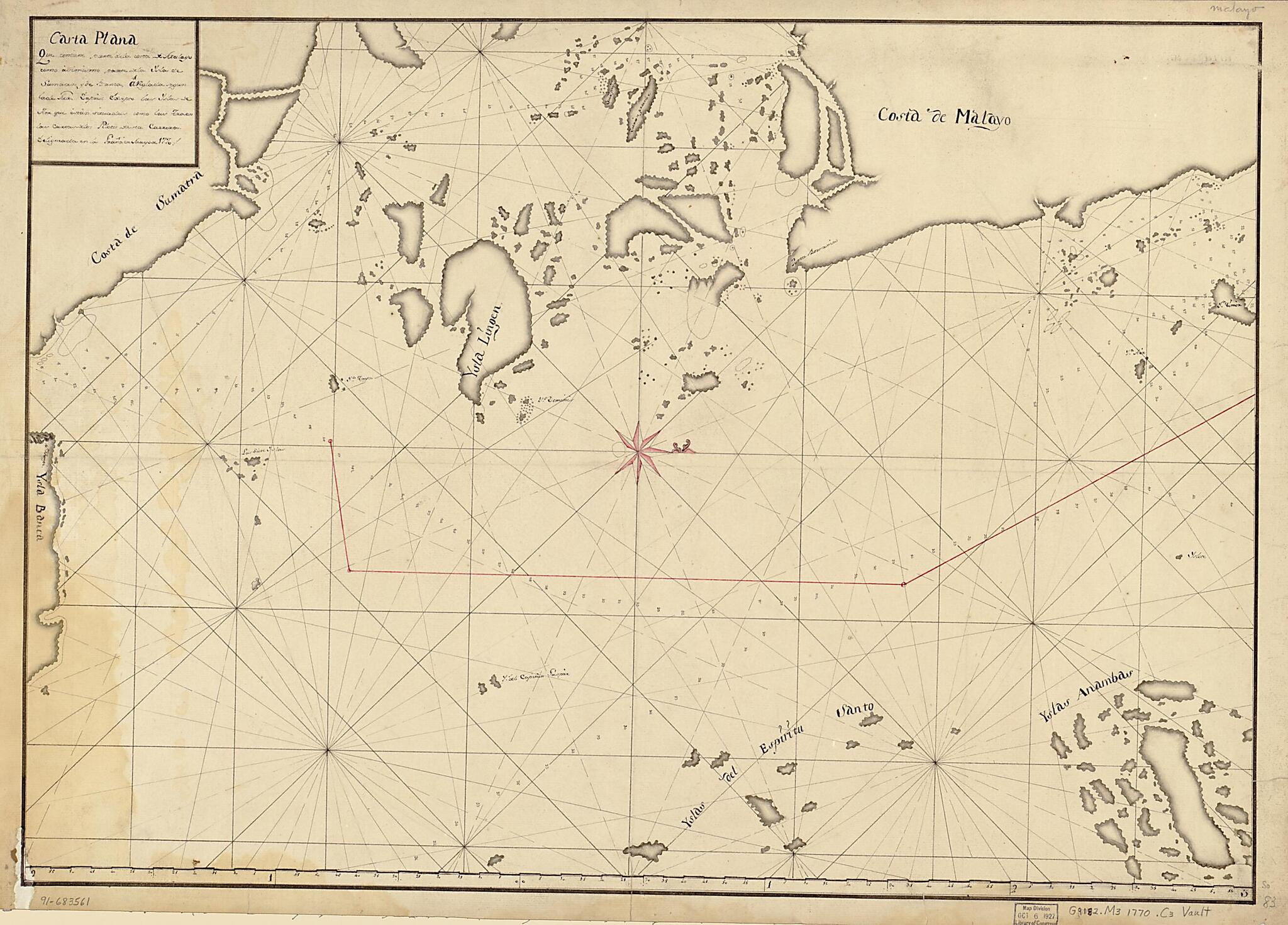This old map of Carta Plana Que Contiene Parte De La Costa De Malayo Como Asimismo Parte De La Ysla De Sumatra Y De Banca, a Reglada Segun Lade Tir. Dapres Exsepto Las Ylas De Aor Que Estan Situadas Como Las Fraen Las Cartas De Los Pilotos De Esta Carrer