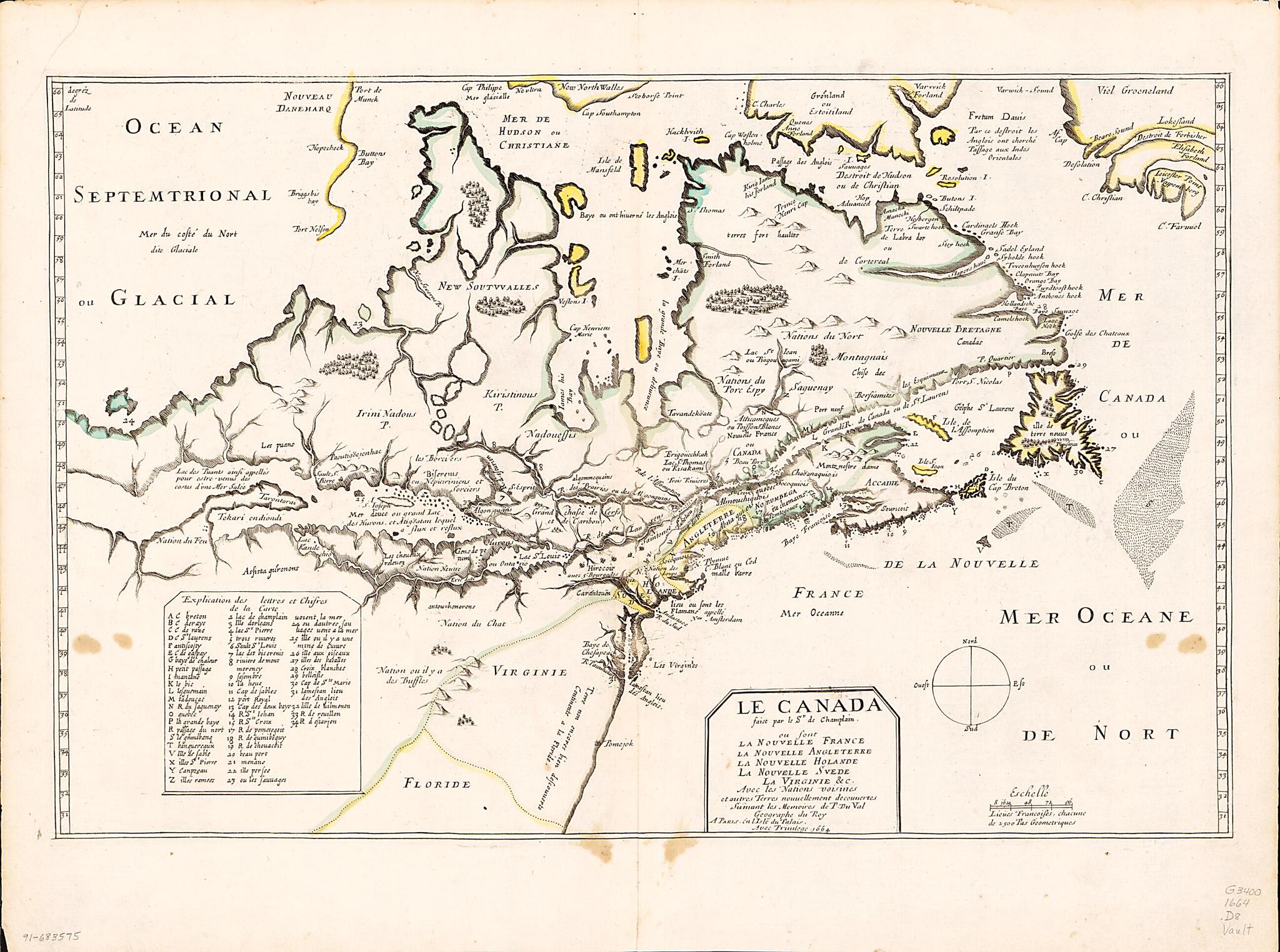 This old map of Le Canada Faict Par Le Sr. De Champlain, Ou, Sont, La Nouvelle France, La Nouvelle Angleterre, La Nouvelle Holande, La Nouvelle Svede, La Virginie &amp;c. Avec Les Nations Voisines Et Autres Terres Nouvellement Decouvertes Suivant Les Memoire