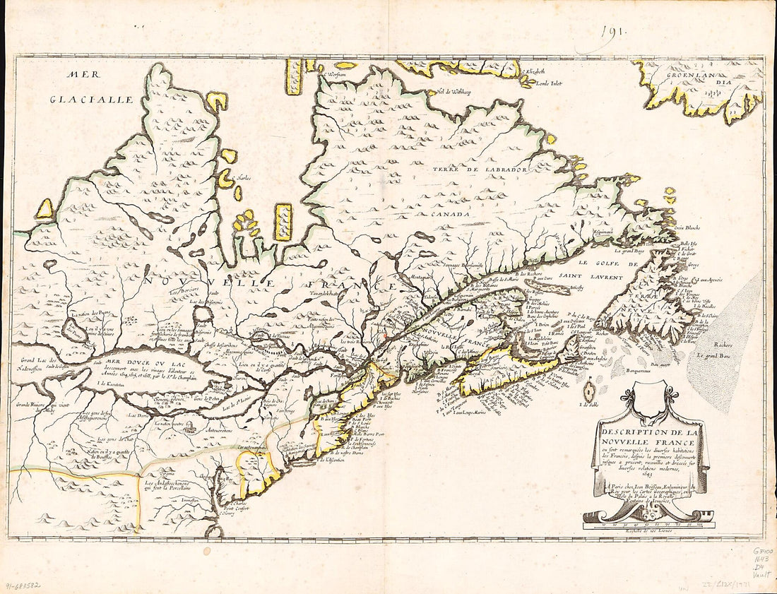 This old map of Description De La Nouvelle France, Ou, Sont Remarquées Les Diverses Habitations Des François, Despuis La Première Descouverte Jusques à Present, Receuillie Et Dressée Sur Diverses Relations Modernes, from 1643 was created by Jean Boi