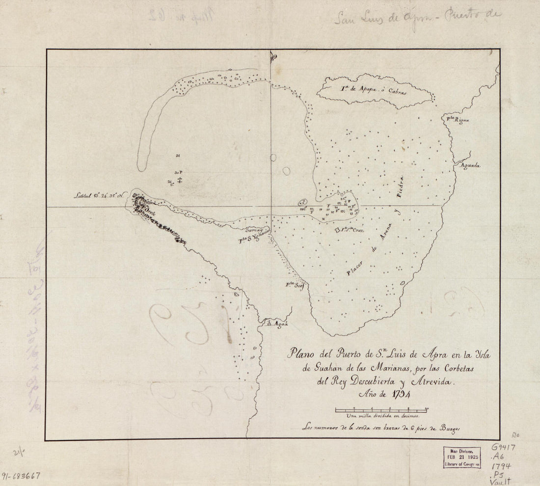 This old map of Plano Del Puerto De Sn. Luis De Apra En La Ysla De Guahan De Las Marianas, Por Las Corbetas Del Rey Descubierta Y Atrevida, Año De from 1794 was created by  in 1794