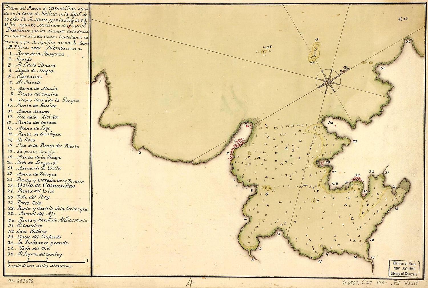 This old map of Plano Del Puerto De Camariñas Situado En La Costa De Galicia En La Latitd. De 43 Gros. 36 Ms. Norte Y En La Longd. De 8 Gs. 46 Ms. Segun El Meridiano De Tenerife from 1750 was created by  in 1750
