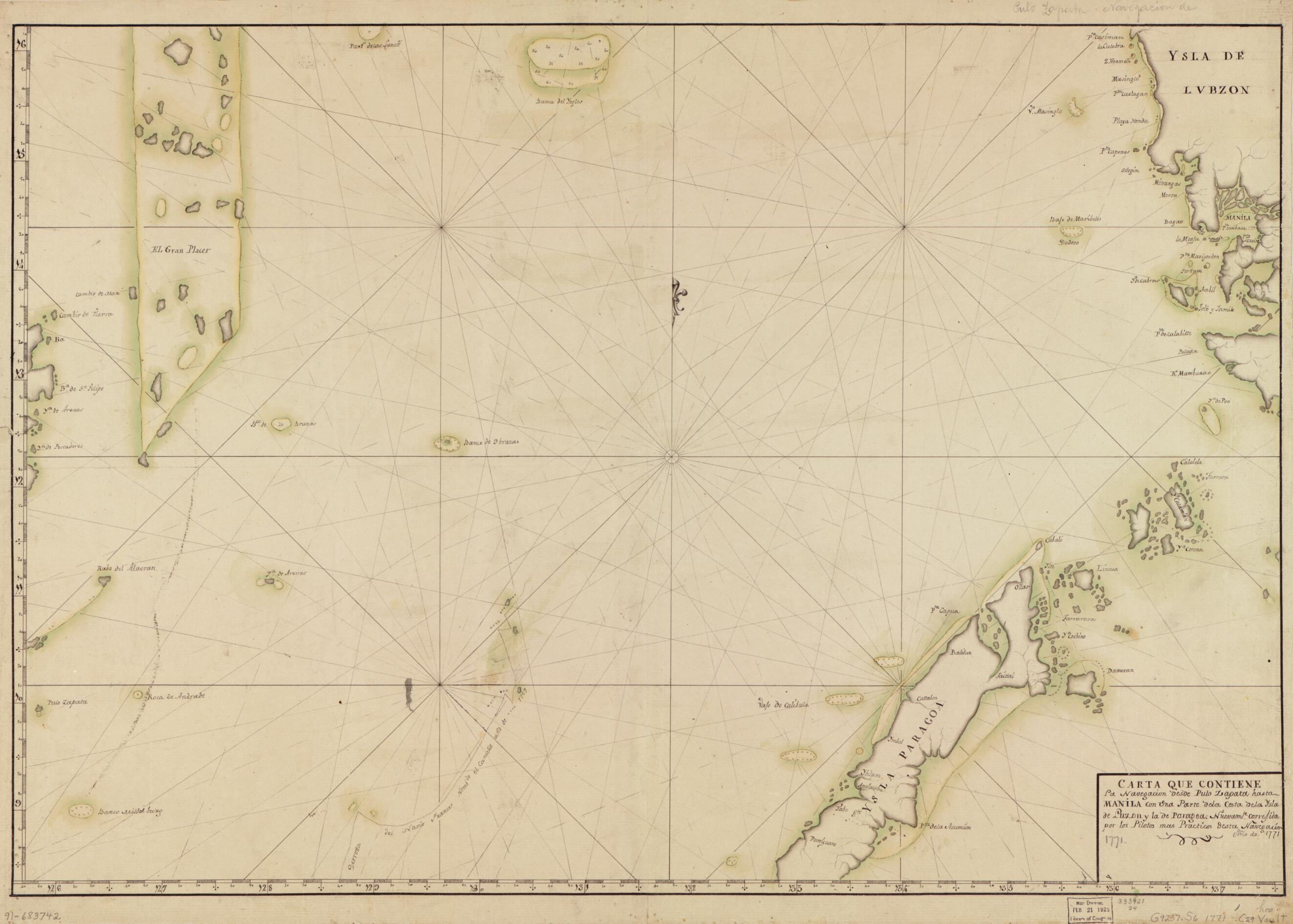 This old map of Carta Que Contiene La Navegación Desde Pulo Zapata Hasta Manila Con Una Parte De La Costa De La Ysla De Luzon Y La De Paragoa from 1771 was created by  in 1771