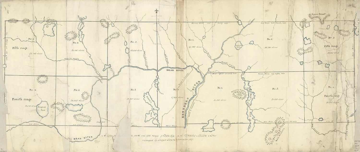 This old map of A Copy of.. the Fourth and Fifth Ranges of Townships In the Kennebec Million Acres from 1827 was created by Eleazer Coburn in 1827