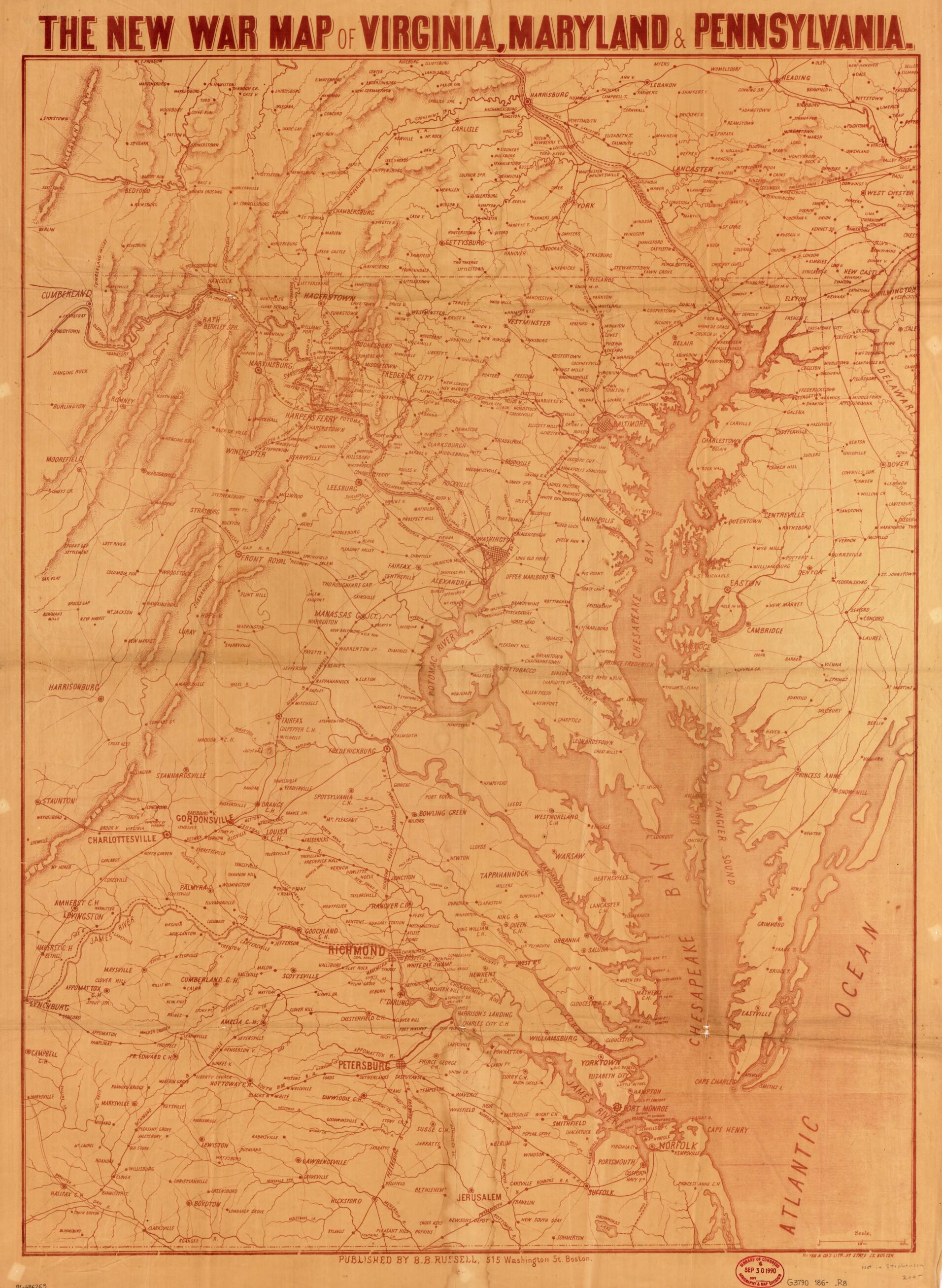 This old map of The New War Map of Virginia, Maryland &amp; Pennsylvania from 1860 was created by B. B. (Benjamin B.) Russell in 1860