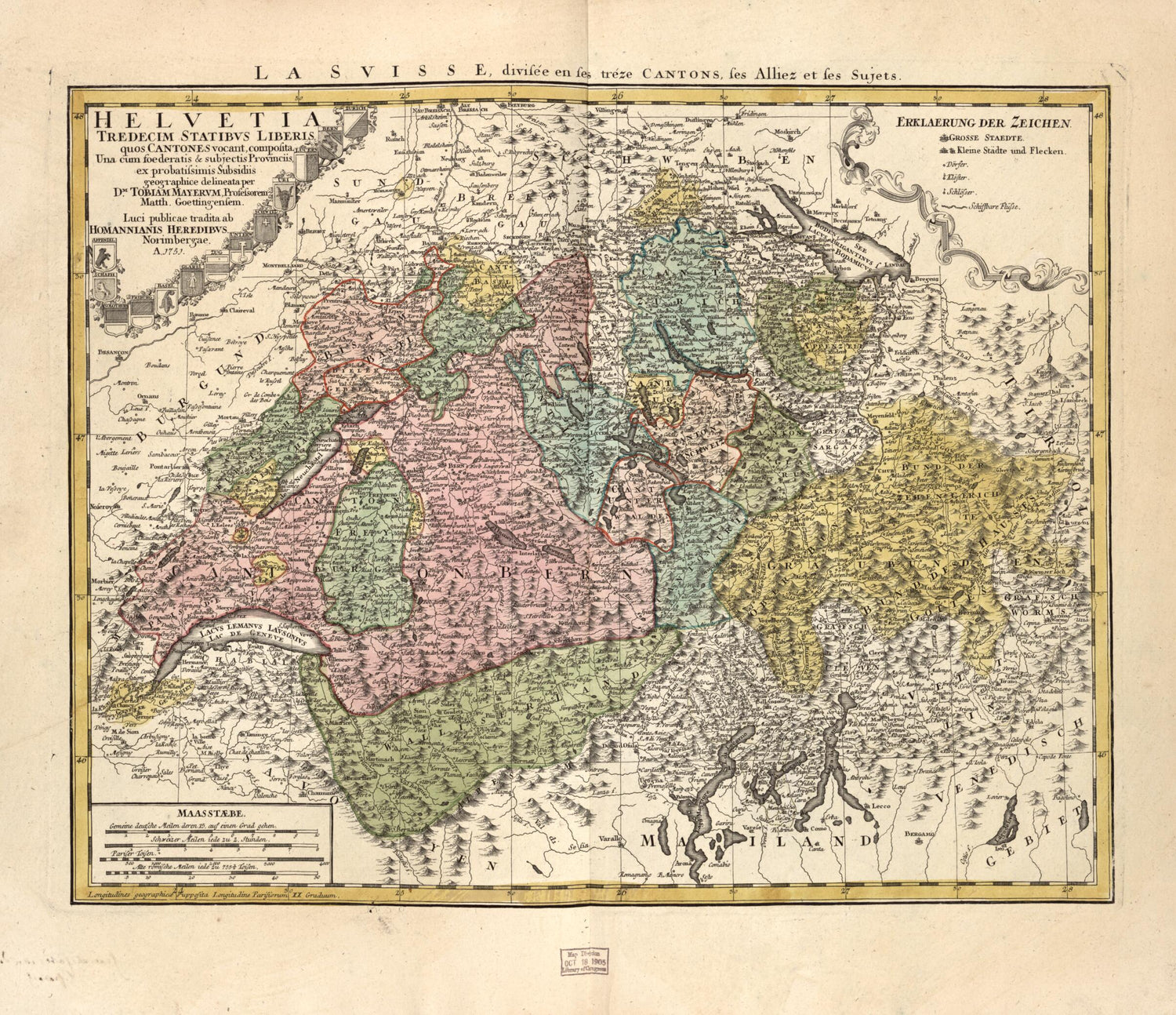 This old map of Helvetia Tredecim Statibus Liberis, Quos Cantones Vocant, Composita : Una Cum Foe Deratis &amp; Subjectis Provinciis, Ex Probatissimis Subsidiis from 1751 was created by  Homann Erben (Firm), Tobias Mayer in 1751