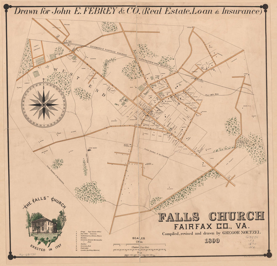 This old map of Falls Church, Fairfax Co., Va from 1890 was created by Gregory Noetzel in 1890