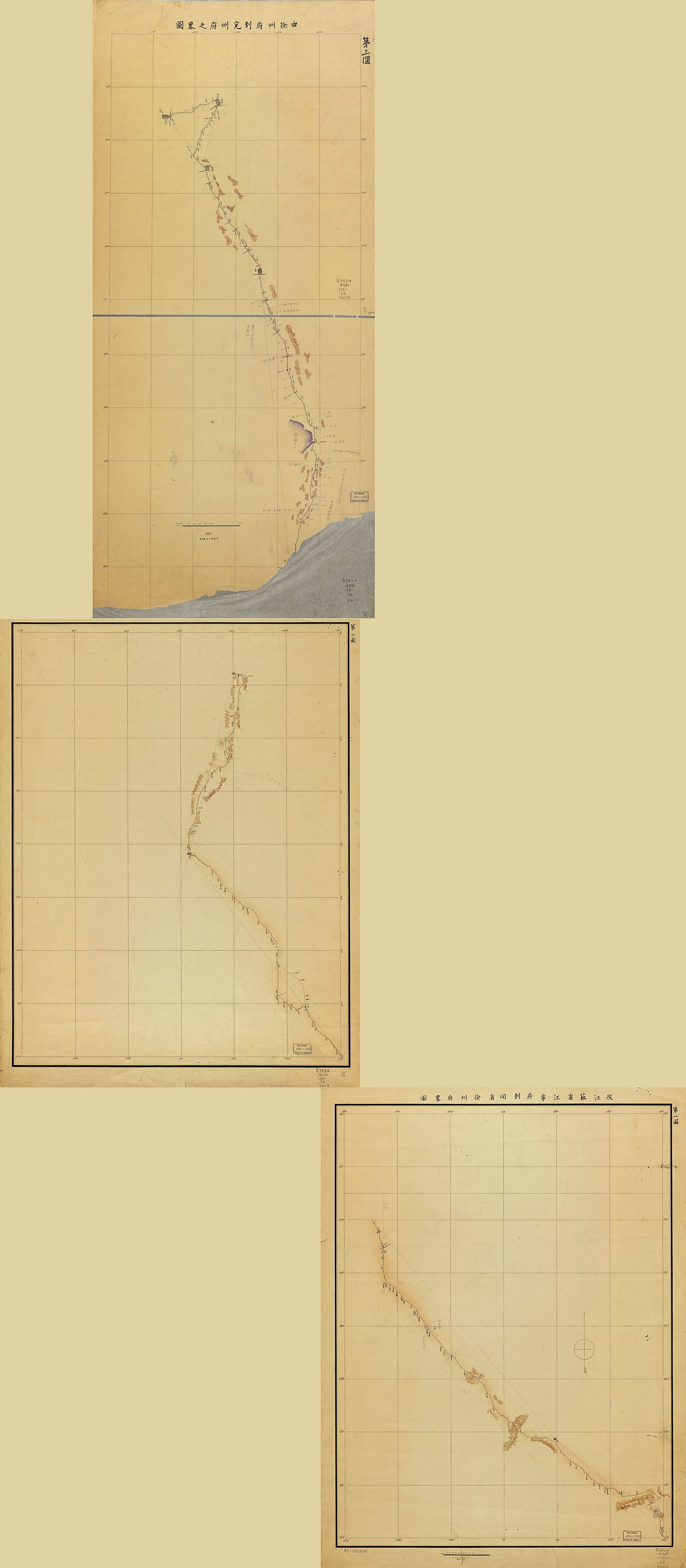 This old map of Shō Kōnei-fu Yori Santō-shō Enshū-fu Ni Itaru Rojōzu (Cong Jiangsu Sheng Jiangning Fu Zhi Shandong Sheng Yanzhou Fu Lu Shang Tu) from 1880 was created by Ganshi Mutsushima, Kagenobu Sakawa in 1880
