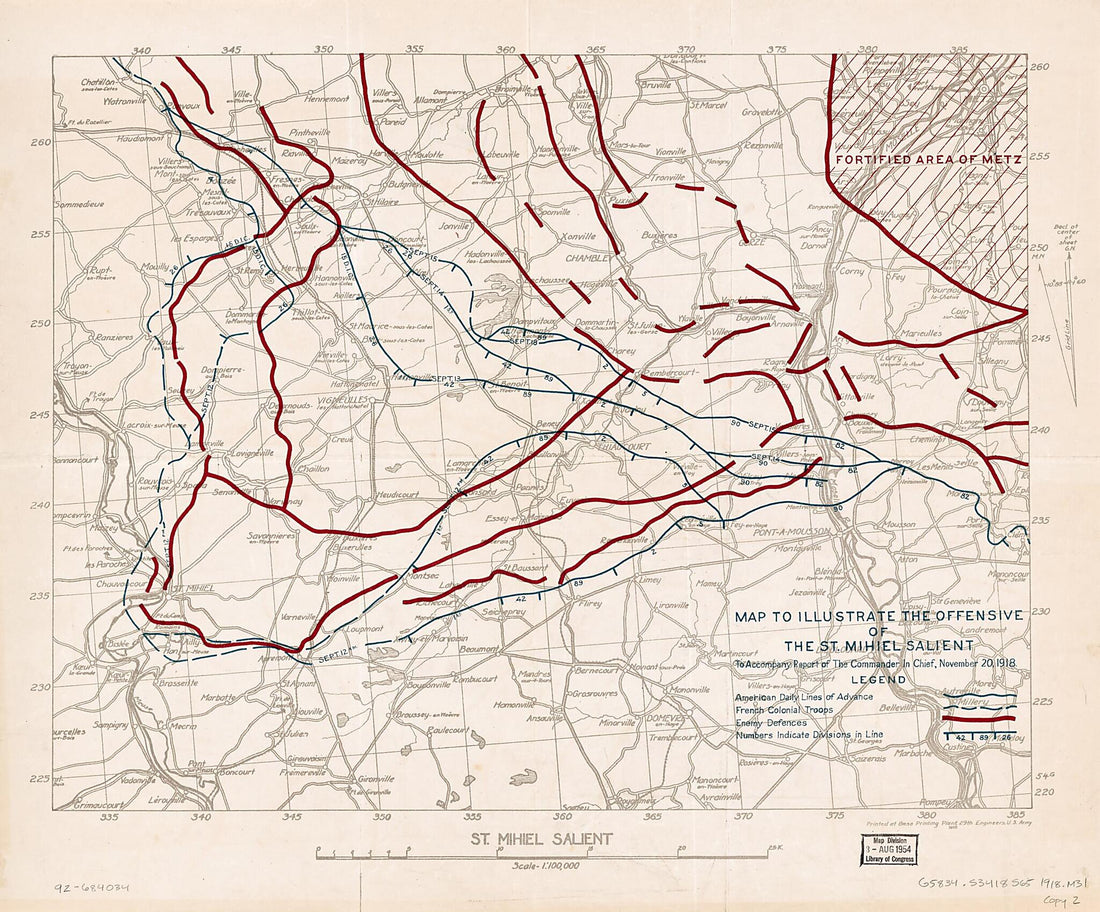 This old map of Map to Illustrate the Offensive of the St. Mihiel Salient from 1918 was created by Charles Pelot Summerall, 29th United States. Army. Engineer Regiment in 1918