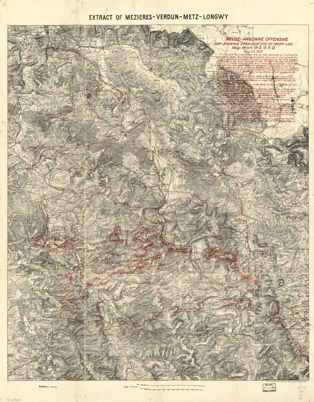This old map of Argonne Offensive, Map Showing Daily Position of Front Line : Map Room G-3, G.H.Q., May 24, 1919 from 1918 was created by Charles Pelot Summerall, 29th United States. Army. Engineer Regiment in 1918