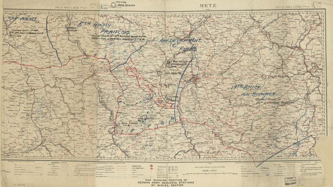This old map of Map Showing Position of German Army Geologic Stations, St. Mihiel Sector from 1918 was created by Charles Pelot Summerall in 1918