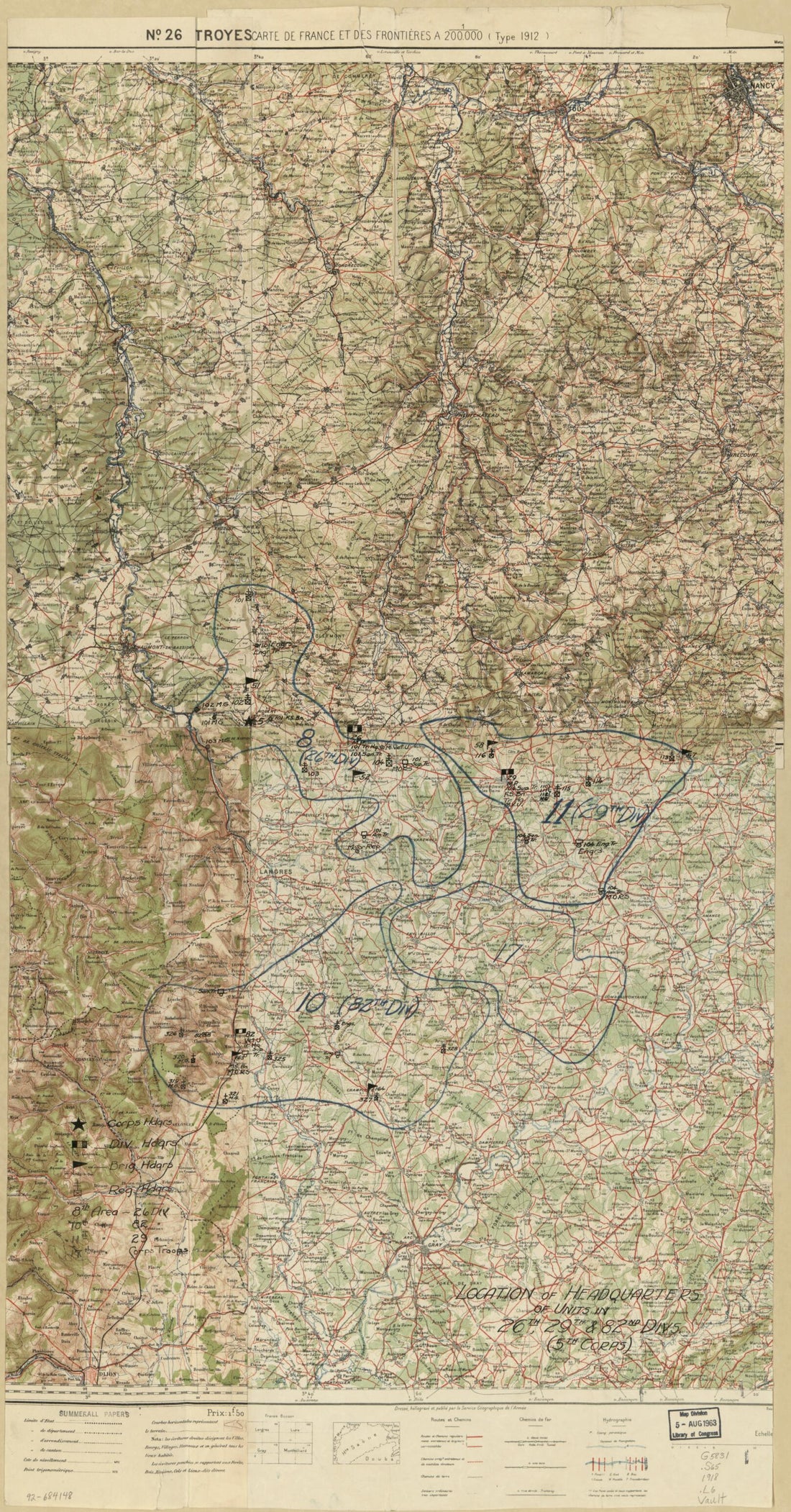 This old map of Location of Headquarters of Units In 26th, 29th &amp; 82nd Divs. (5th Corps) : northeastern France from 1918 was created by Charles Pelot Summerall in 1918