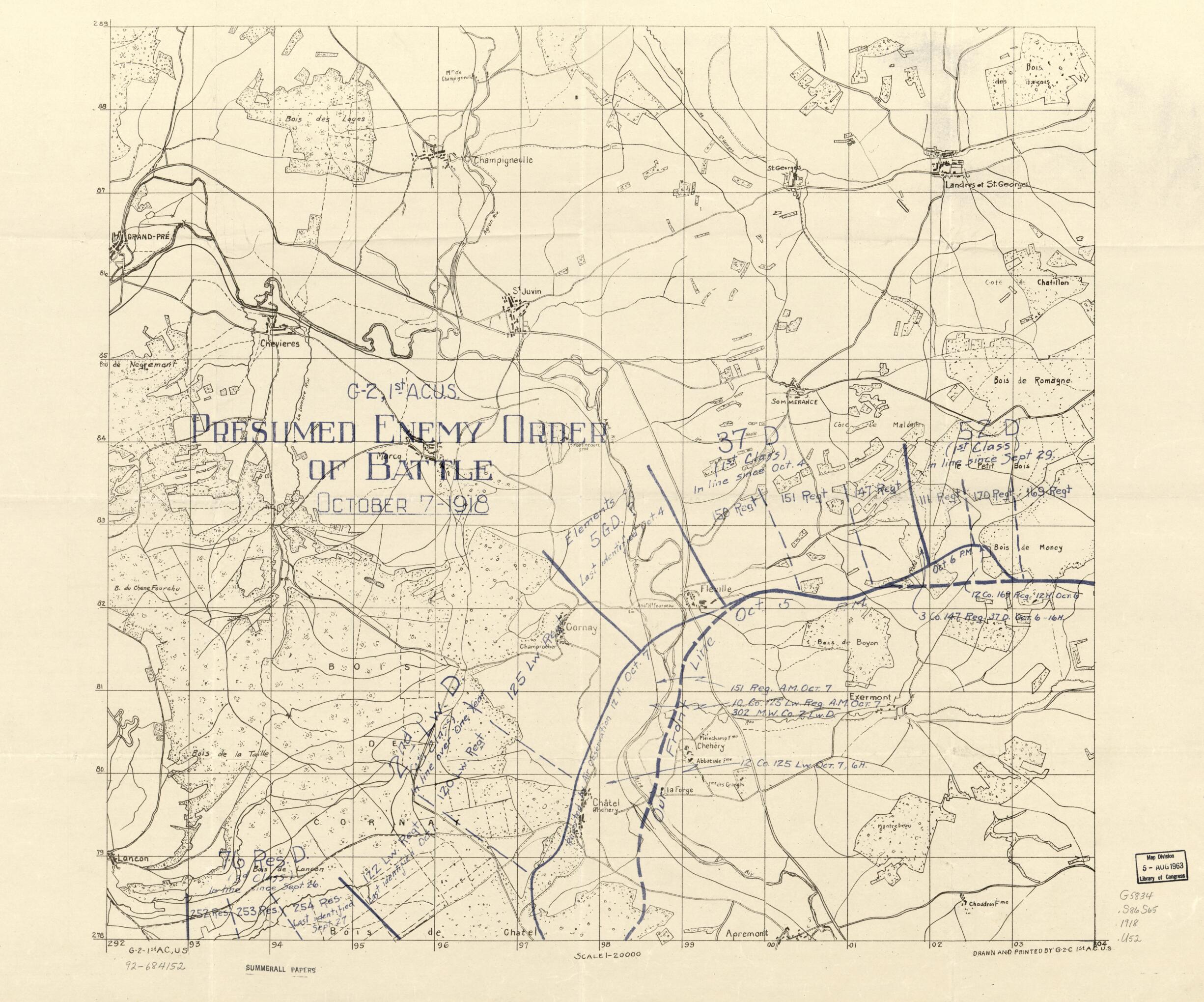 This old map of Presumed Enemy Order of Battle, October 7, from 1918 : Sommerance Region was created by Charles Pelot Summerall, 1st. G.S. Second Section United States. Army. Army Corps in 1918