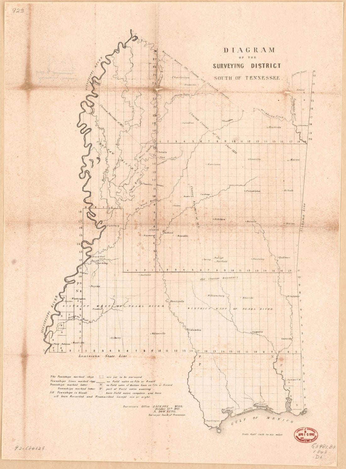 This old map of Diagram of the Surveying District, South of Tennessee : Mississippi from 1843 was created by A. Downing in 1843