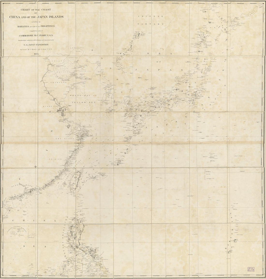 This old map of Chart of the Coast of China and of the Japan Islands : Including the Marianes and Part of the Philippines from 1855 was created by Millard Fillmore, William L. Maury in 1855
