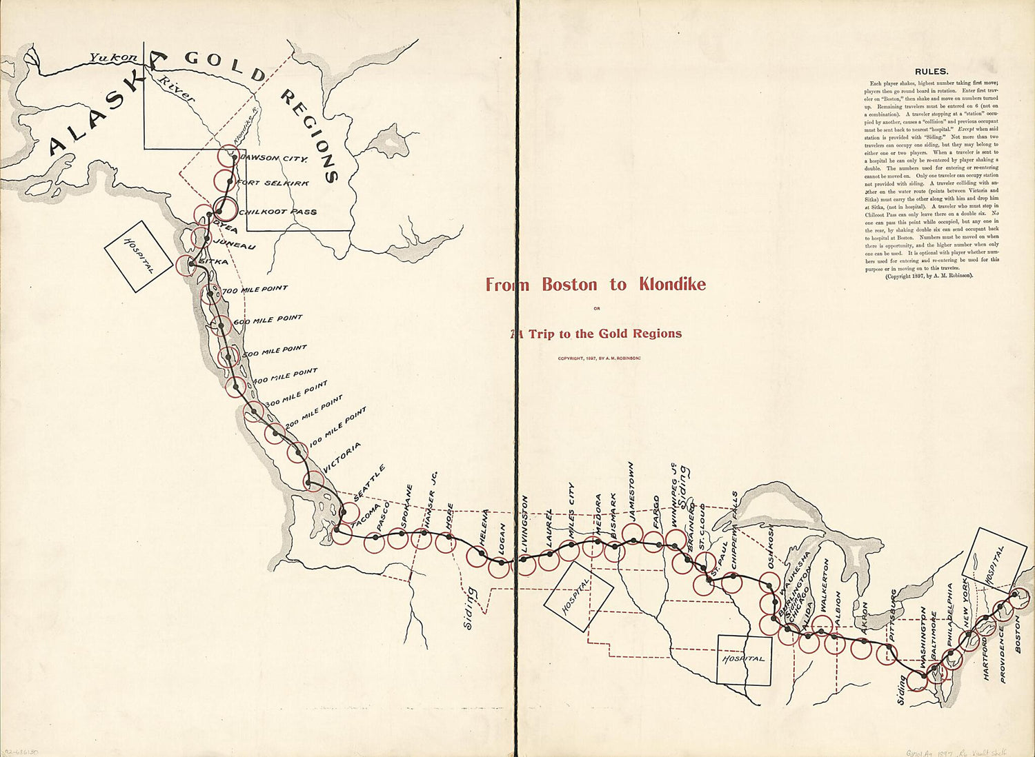 This old map of From Boston to Klondike Or a Trip to the Gold Regions from 1897 was created by A. M. Robinson in 1897