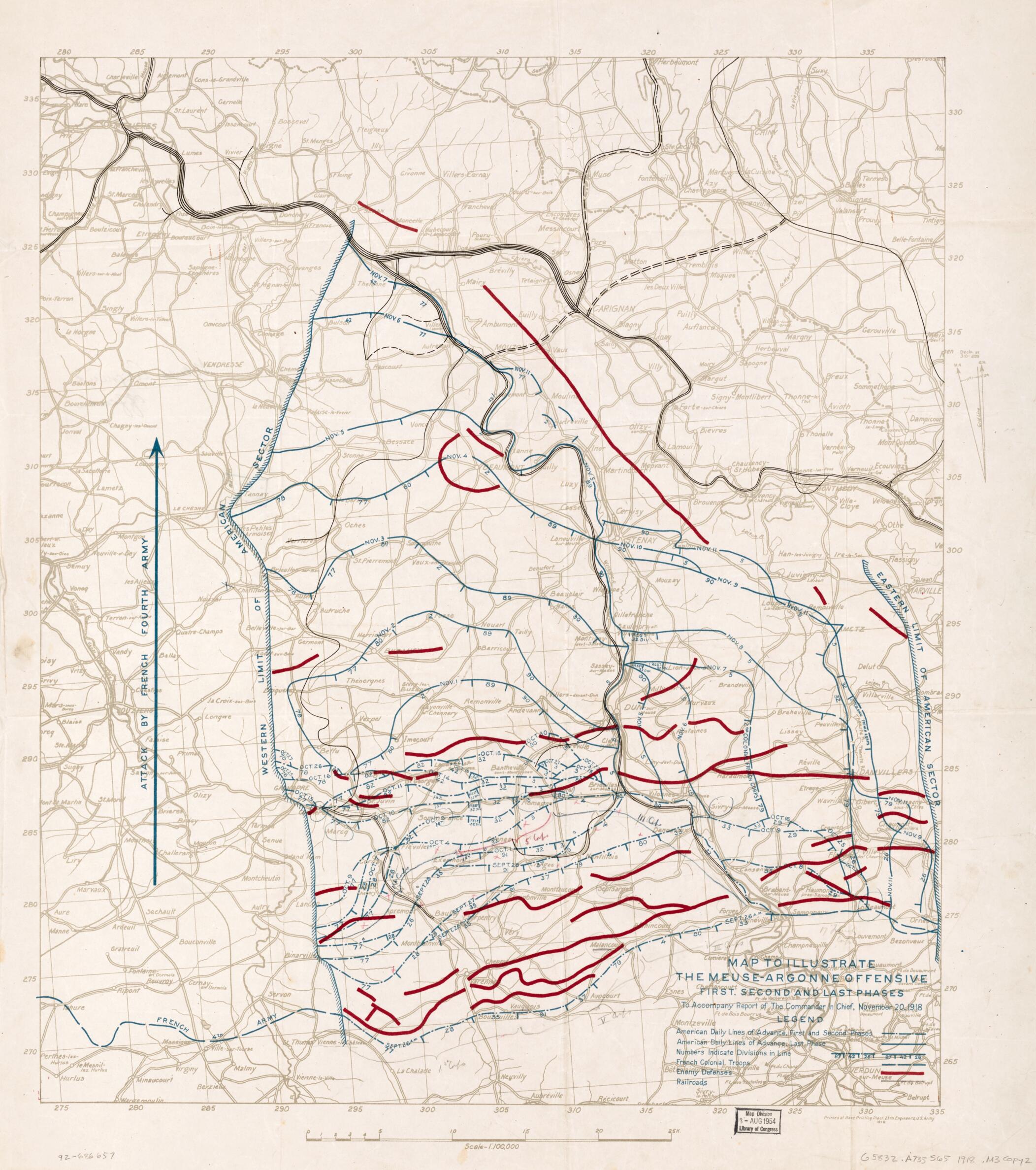 This old map of Argonne Offensive : First, Second, and Last Phases from 1918 was created by 29th United States. Army. Engineers in 1918