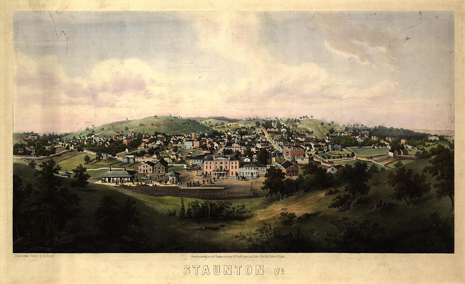 This old map of Staunton, Virginia / Drawn from Nature by Ed. Beyer ; W. Rau from 1857 was created by Edward Beyer, Woldemar Rau in 1857