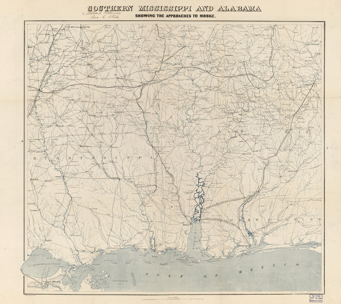This old map of Southern Mississippi and Alabama : Showing the Approaches to Mobile from 1863 was created by A. D. (Alexander Dallas) Bache, Millard Fillmore,  United States Coast Survey in 1863
