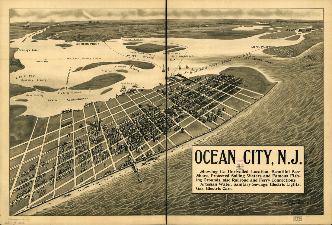 This old map of Shore, Protected Sailing Waters, and Famous Fishing Grounds, Also Railroads and Ferry Connections, Artesian Water, Sanitary Sewage sic, Electric Lights, Gas, Electric Cars from 1903 was created by Frank H. (Frank Hamilton) Taylor in 1903