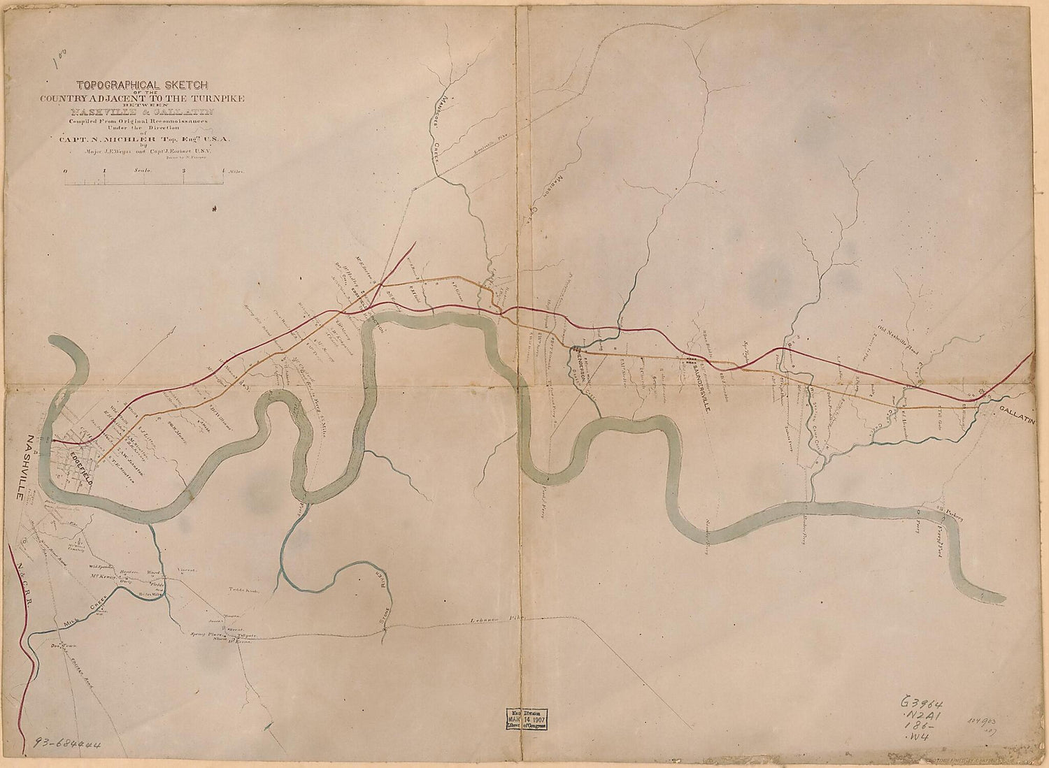 This old map of Topographical Sketch of the Country Adjacent to the Turnpike Between Nashville &amp; Gallatin from 1860 was created by J. E. Weyss in 1860