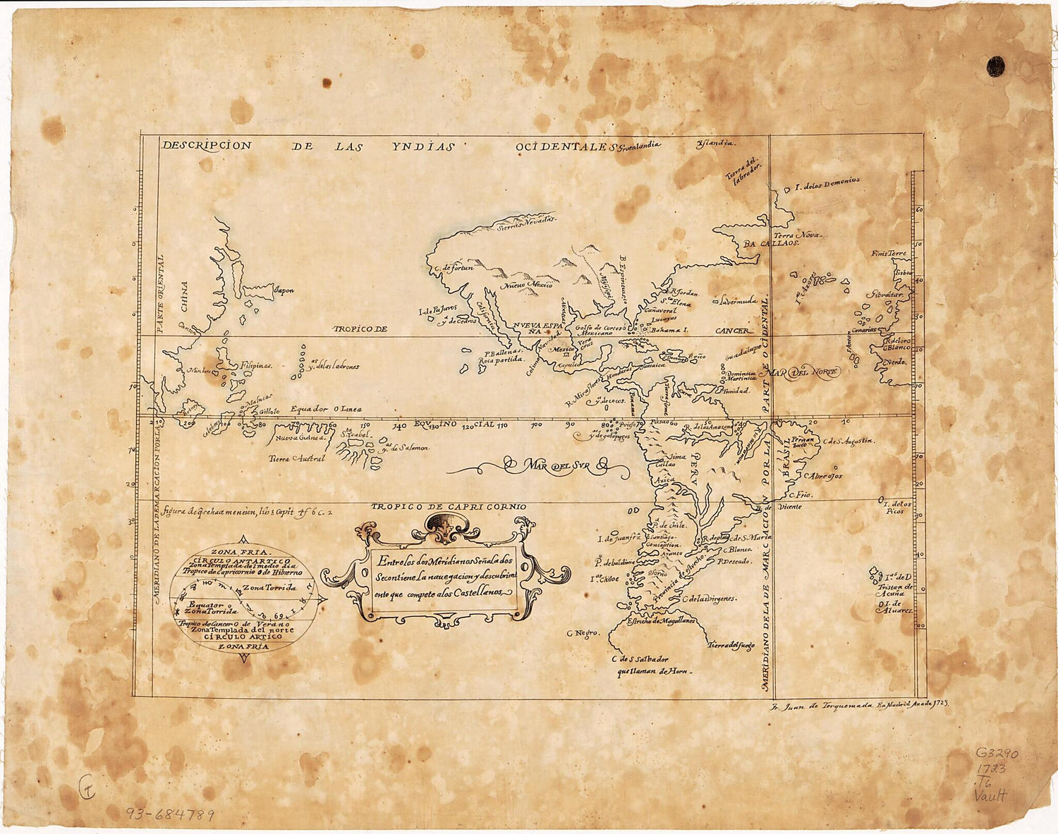 This old map of Entre Los Dos Meridianos Senal a Dos Seconliene La Navegación Y Desubrimtento Que Compete a Los Castellanos from 1723 was created by Fr. Juan De Torquemada in 1723