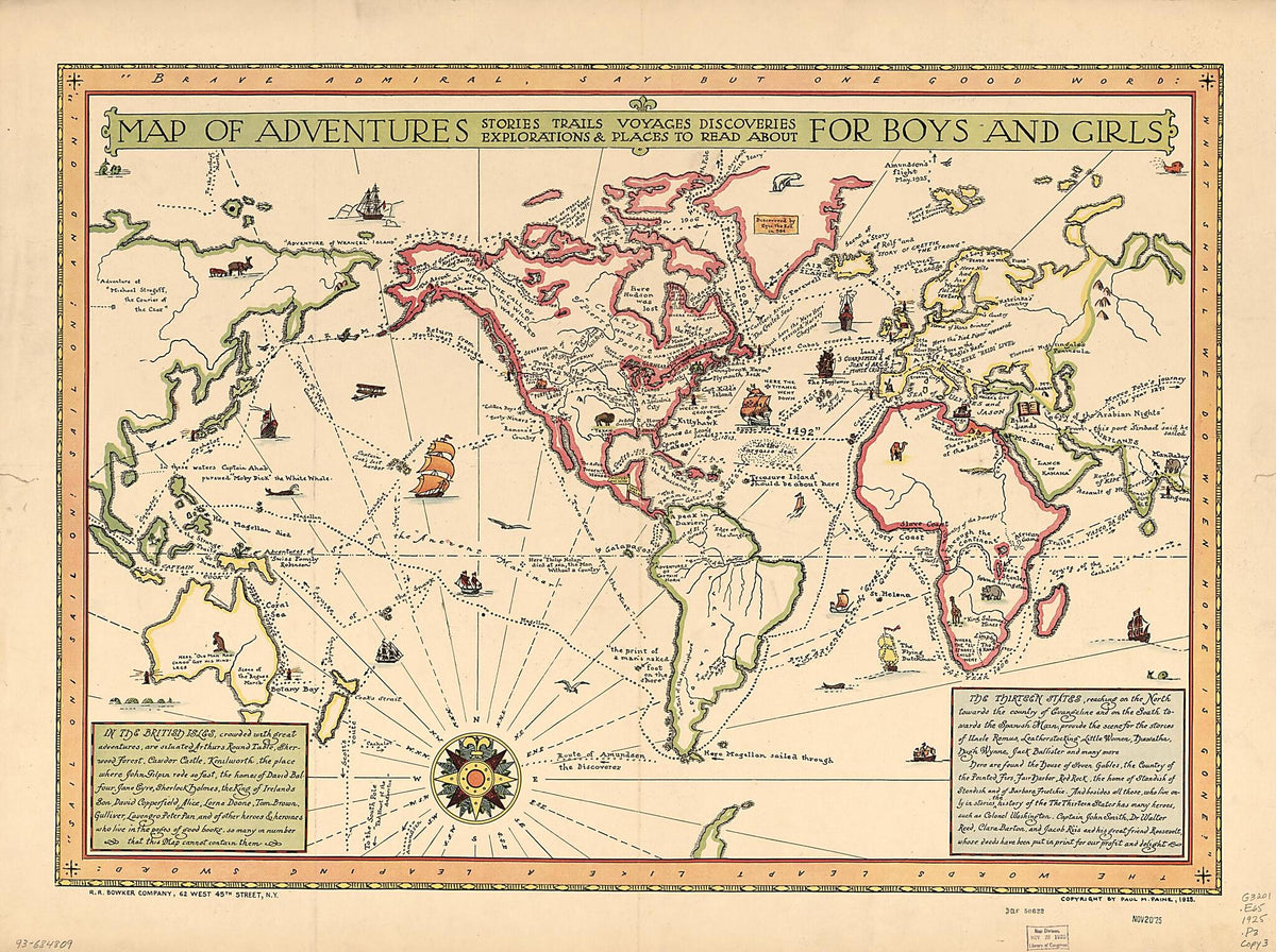 Map of Adventures for Boys and Girls : Stories, Trails, Voyages, Discoveries, Explorations &amp; Places to Read About 1925 by Relic Map Company