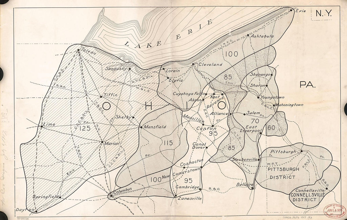 Railroad Map Showing Coal Transportation Rates In Northwestern Pennsylvania and Northeastern Ohio : Based On the Pittsburgh and Connellsville Districts, Pennsylvania 1917 by Relic Map Company