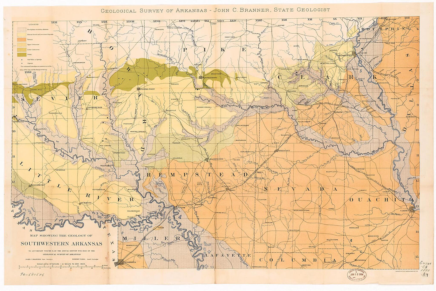 This old map of Map Showing the Geology of Southwestern Arkansas from 1888 was created by John Casper Branner,  Geological Survey of Arkansas in 1888