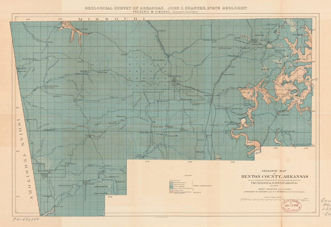 This old map of Geologic Map of Benton County, Arkansas from 1891 was created by John Casper Brenner,  Geological Survey of Arkansas, Frederic W. Simonds in 1891