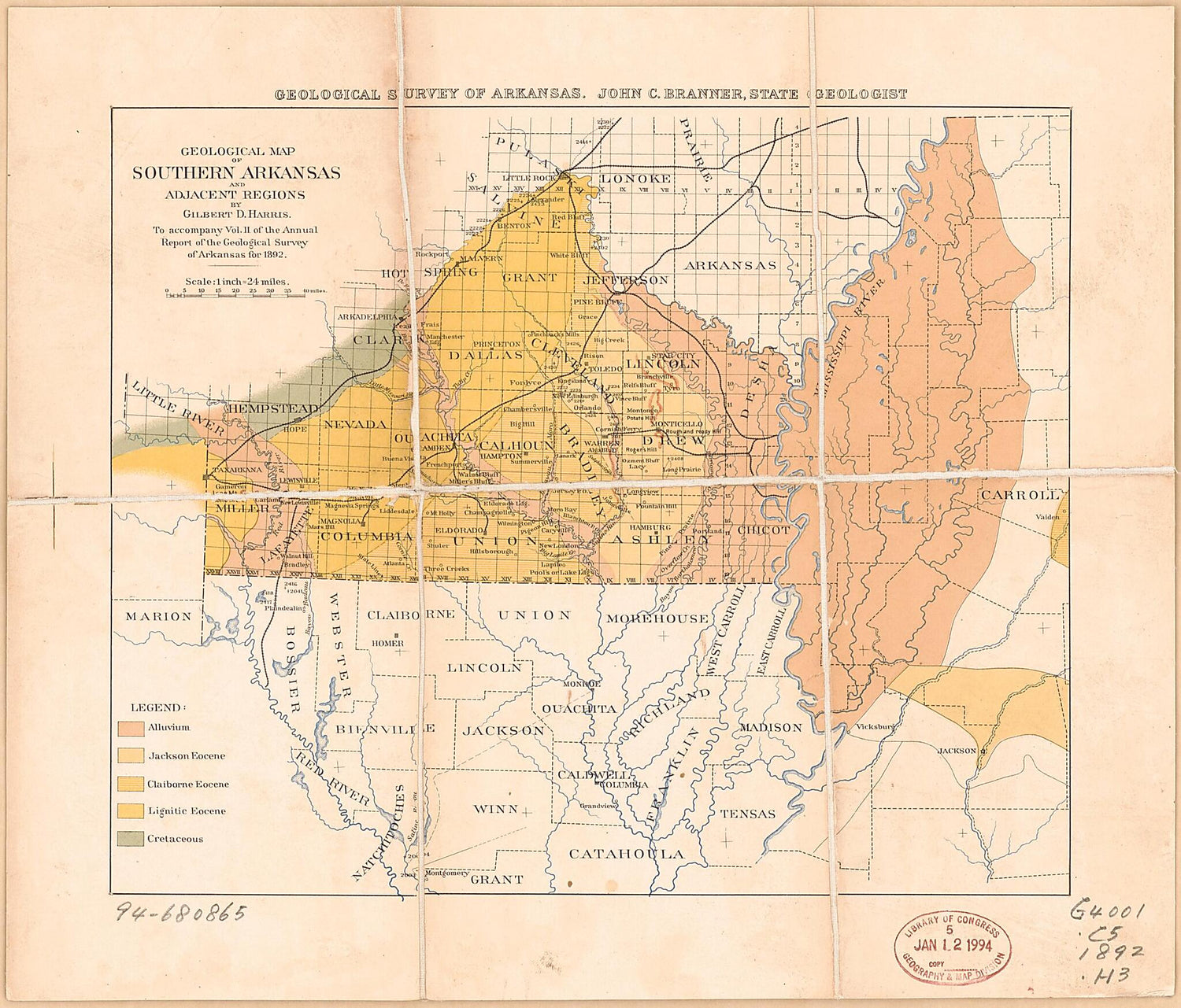 This old map of Geological Map of Southern Arkansas and Adjacent Regions from 1892 was created by John Casper Branner,  Geological Survey of Arkansas, Gilbert D. (Gilbert Dennison) Harris in 1892