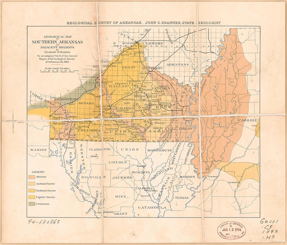Geological Map of Southern Arkansas and Adjacent Regions 1892 by Relic Map Company