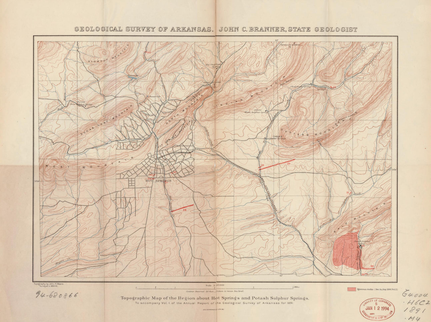 This old map of Topographic Map of the Region About Hot Springs and Potash Sulphur Springs from 1891 was created by John Casper Branner,  Geological Survey of Arkansas, John H. Means in 1891