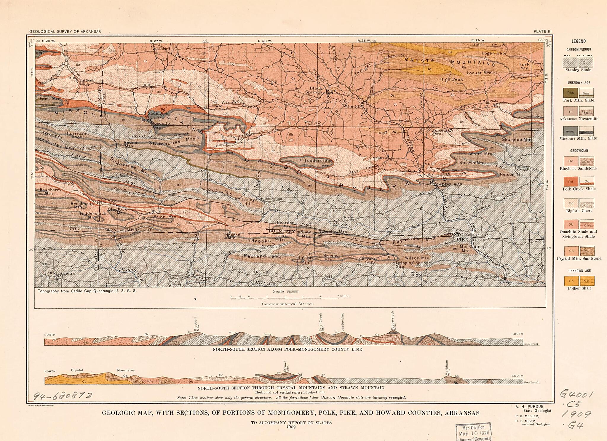 This old map of Geologic Map, With Sections, of Portions of Montgomery, Polk, Pike, and Howard Counties, Arkansas from 1909 was created by  Geological Survey of Arkansas in 1909