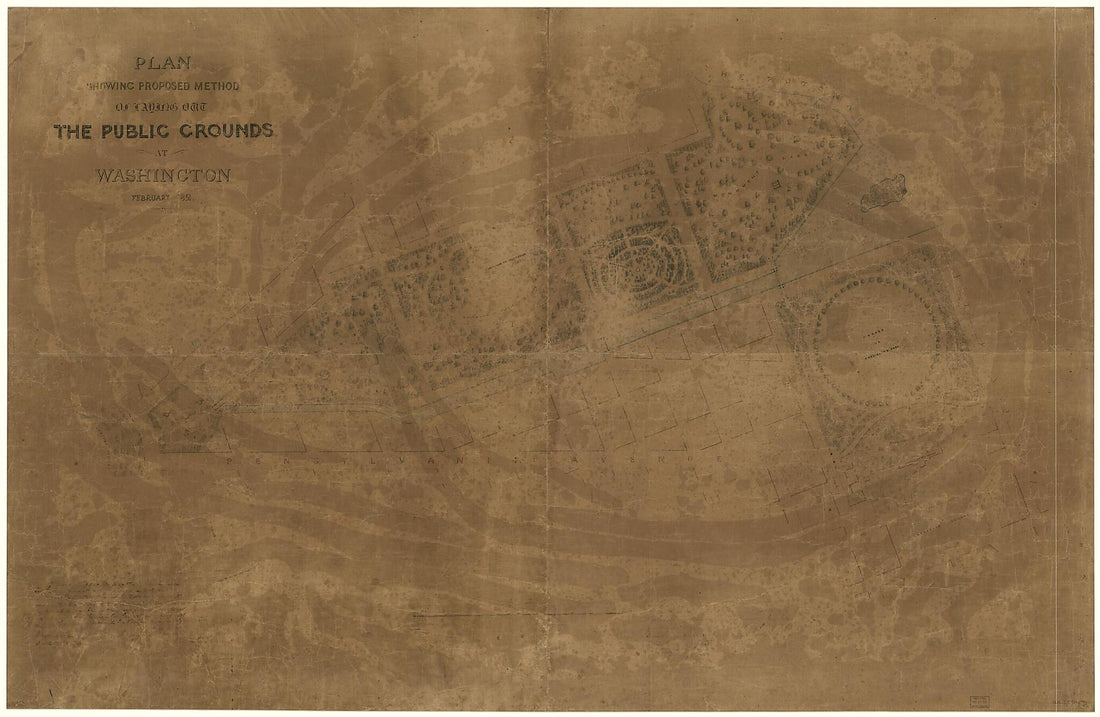 This old map of Plan Showing Proposed Method of Laying Out the Public Grounds at Washington from 1851 was created by A. J. (Andrew Jackson) Downing in 1851