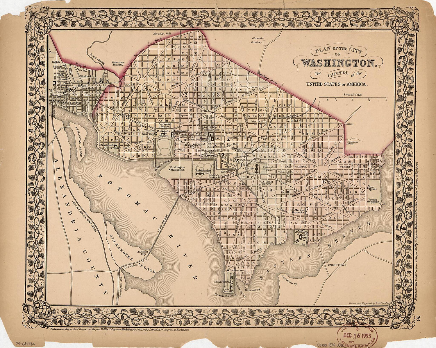 This old map of Plan of the City of Washington : the Capitol sic of the United States of America from 1874 was created by W. H. (William H.) Gamble, S. Augustus (Samuel Augustus) Mitchell in 1874