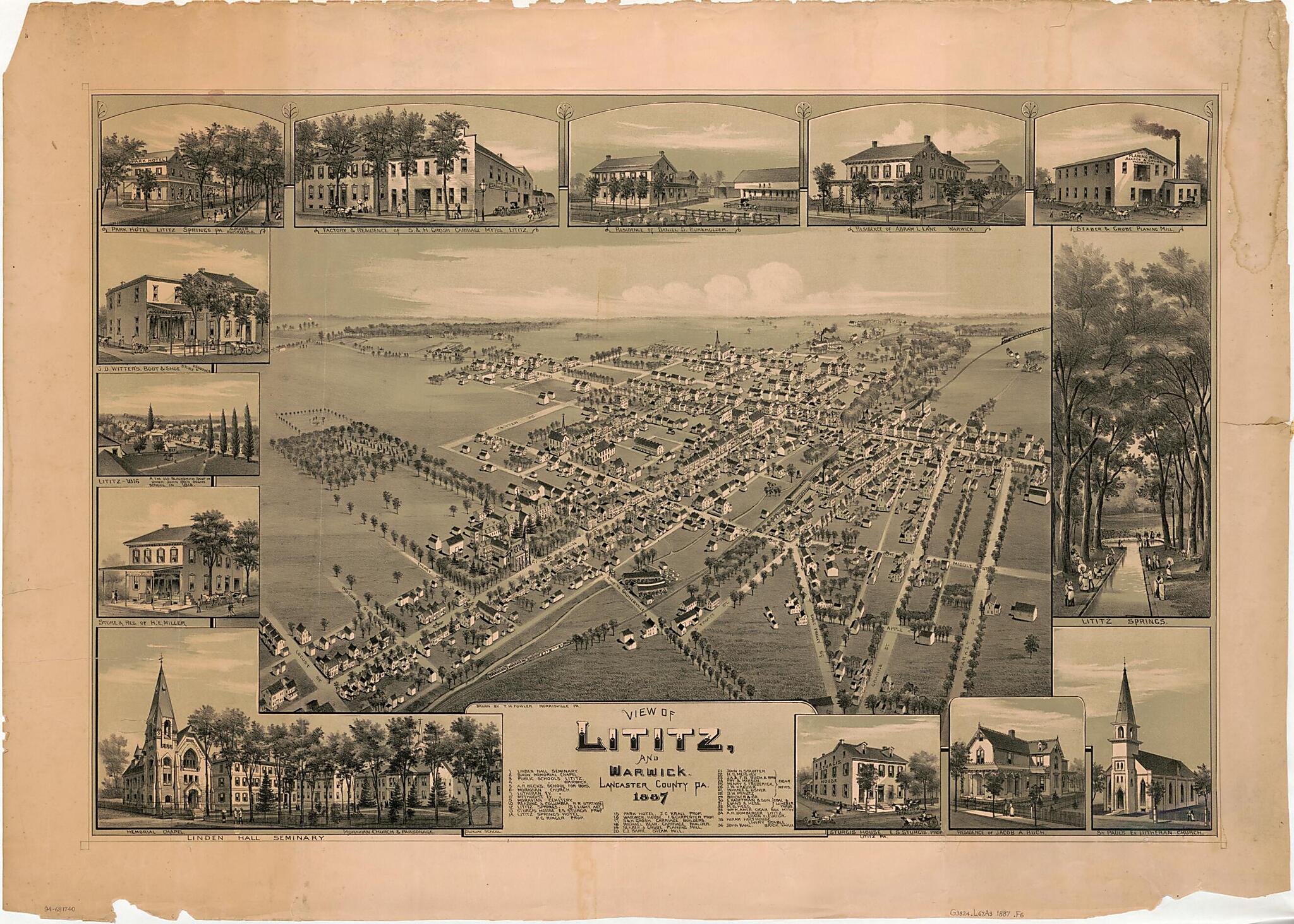 This old map of View of Lititz and Warwick, Lancaster County, Pennsylvania : from 1887 was created by T. M. (Thaddeus Mortimer) Fowler in 1887