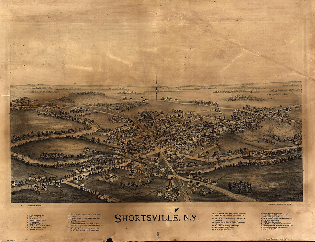 This old map of Shortsville, New York from 1892 was created by  Burleigh Litho in 1892