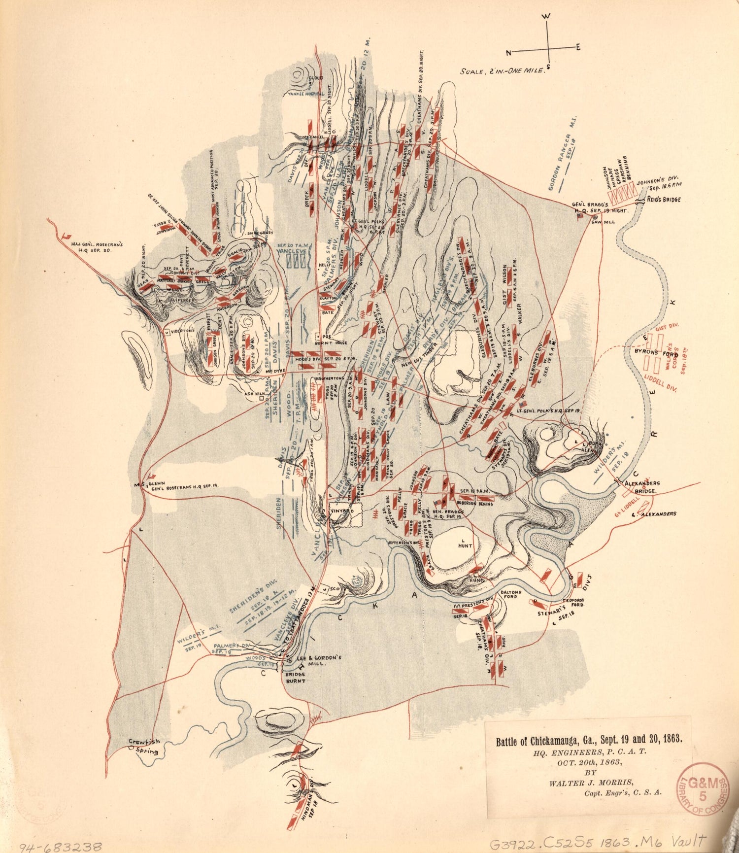 This old map of Battle of Chickamauga, Georgia, Sept. 19 and 20, from 1863 was created by Walter J. Morris in 1863