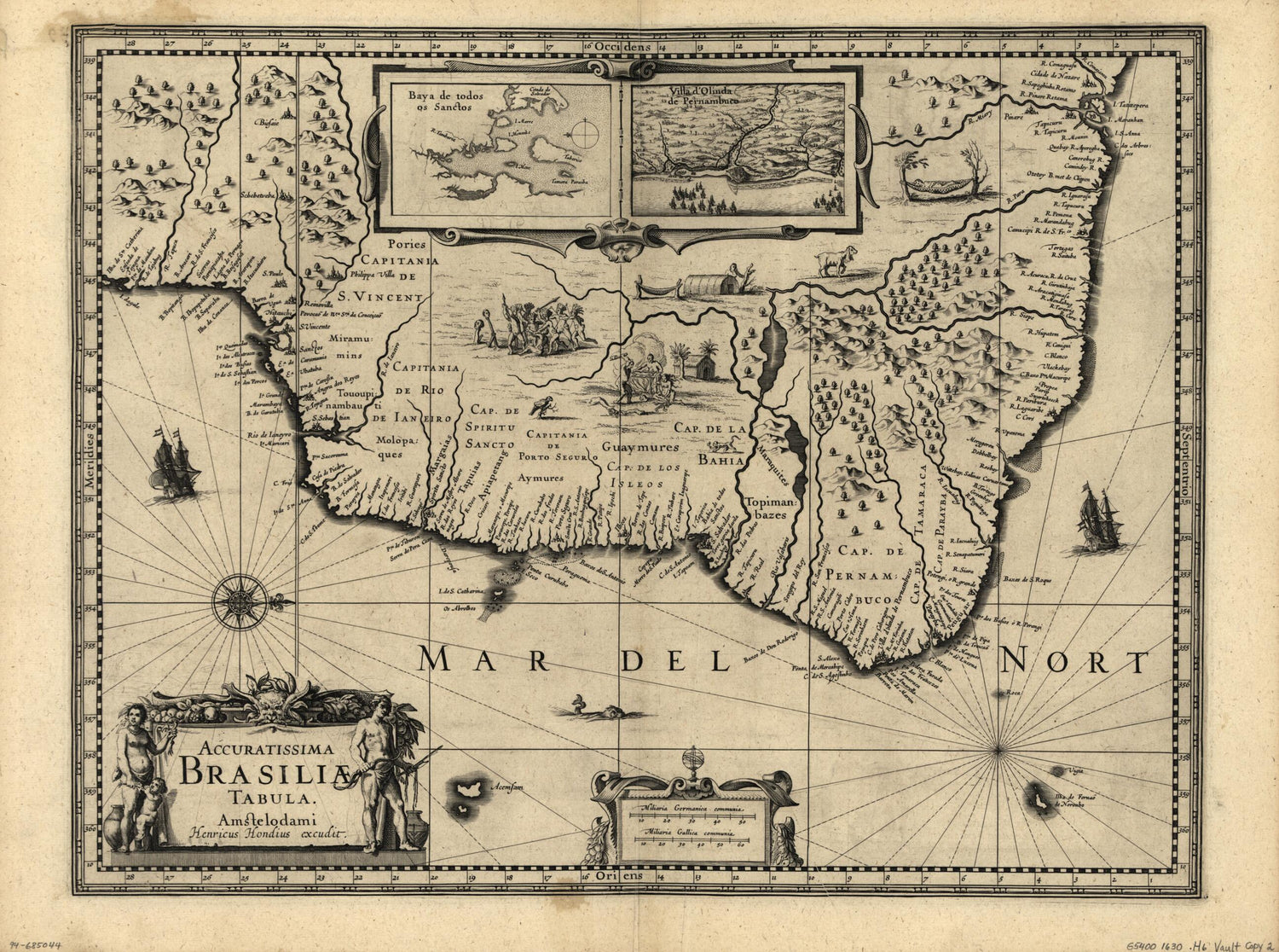This old map of Accuratissima Brasiliæ Tabula from 1630 was created by Hendrik Hondius in 1630