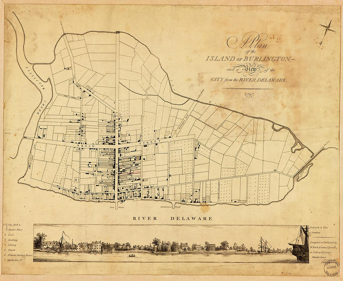 This old map of A Plan of the Island of Burlington : and a View of the City from the River Delaware from 1797 was created by William Russell Birch,  M. Carey (Firm) in 1797