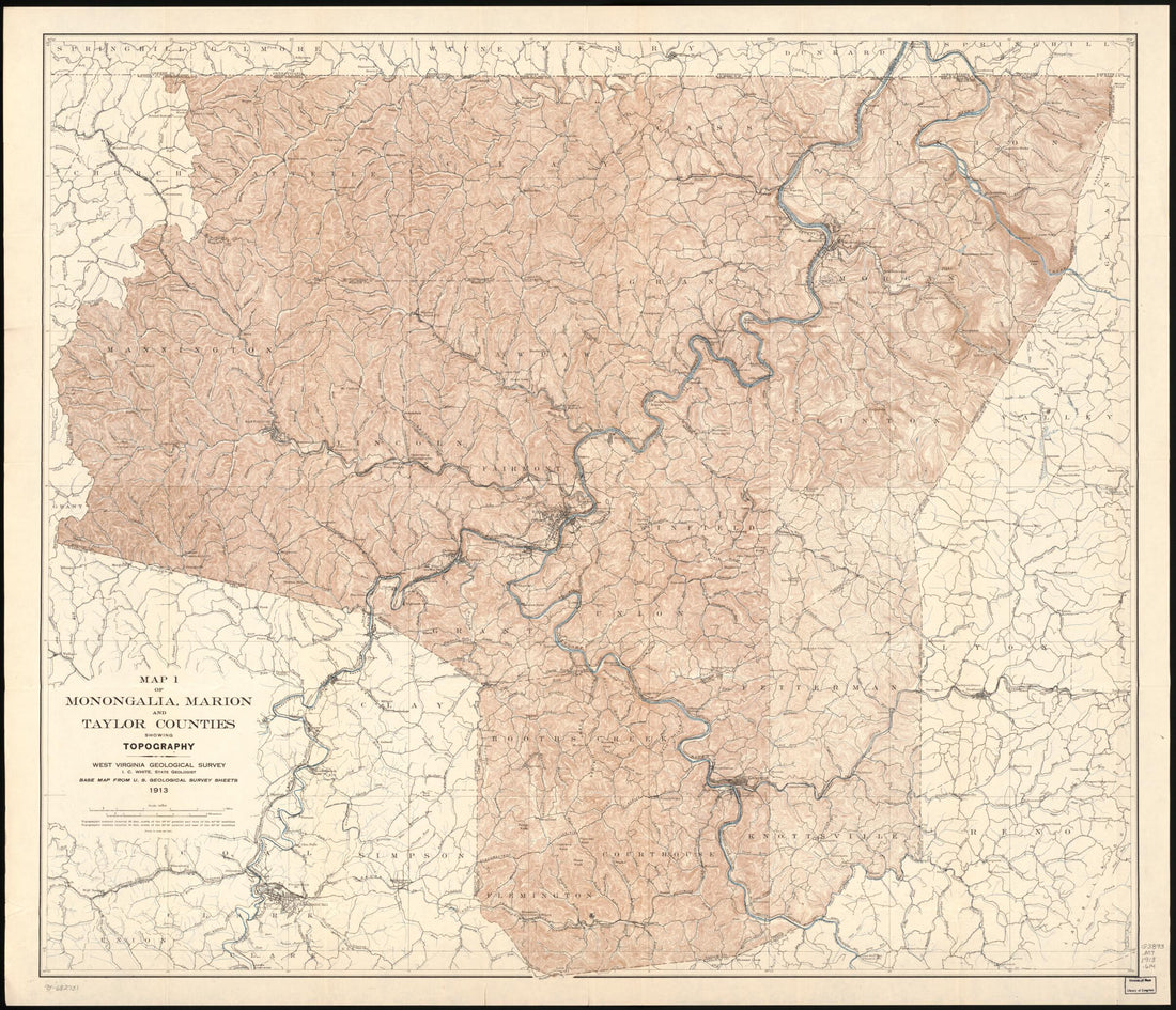 This old map of Map 1 of Monongalia, Marion, and Taylor Counties Showing Topography from 1913 was created by  West Virginia Geological and Economic Survey, I. C. (Israel Charles) White in 1913