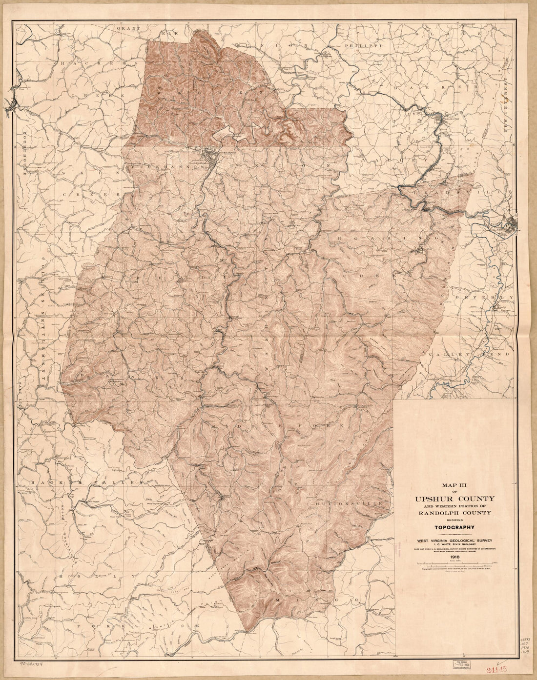 This old map of Map III of Upshur County and Western Portion of Randolph County Showing Topography from 1918 was created by  West Virginia Geological and Economic Survey, I. C. (Israel Charles) White in 1918